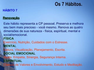Os 7 Hábitos.  HÁBITO 7 Renovação Este hábito representa a CP pessoal. Preserva e melhora seu bem mais precioso - você mesmo. Renova as quatro dimensões de sua natureza - física, espiritual, mental e social/emocional. FÍSICA Exercício, Nutrição, Cuidados com o Estresse. MENTA L Leitura, Visualização, Planejamento, Escrita. SOCIAL EMOCIONAL Ajuda, Empatia, Sinergia, Segurança Interna. ESPIRITUAL Clareza de Valores e Envolvimento, Estudo e Meditação. 