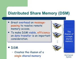 Distributed Share Memory (DSM) Goal of DSM To alleviate the burden of programmer by  hiding  the fact that  physical memory is distributed DSM Creates the illusion of a  single  shared memory Memory Memory Memory Distributed System The illusion of a single shared memory Great  overhead  on  message-passing  to resolve remote memory access. To make DSM  viable ,  efficiency  on  data transfer  is an important consideration. 
