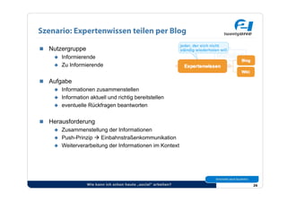 Szenario: Expertenwissen teilen per Blog

  Nutzergruppe
      Informierende
      Zu Informierende


  Aufgabe
      Informationen zusammenstellen
      Information aktuell und richtig bereitstellen
      eventuelle Rückfragen beantworten


  Herausforderung
      Zusammenstellung der Informationen
      Push-Prinzip  Einbahnstraßenkommunikation
      Weiterverarbeitung der Informationen im Kontext




                   Wie kann ich schon heute „social“ arbeiten?   26
 