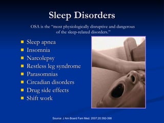Sleep Disorders Sleep apnea  Insomnia Narcolepsy Restless leg syndrome Parasomnias Circadian disorders Drug side effects Shift work Source: J Am Board Fam Med. 2007;20:392-398 OSA is the “most physiologically disruptive and dangerous  of the sleep-related disorders.” 
