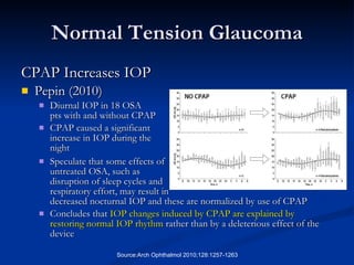 Normal Tension Glaucoma CPAP Increases IOP Pepin (2010) Diurnal IOP in 18 OSA  pts with and without CPAP CPAP caused a significant  increase in IOP during the  night Speculate that some effects of untreated OSA, such as  disruption of sleep cycles and  respiratory effort, may result in decreased nocturnal IOP and these are normalized by use of CPAP Concludes that  IOP changes induced by CPAP are explained by restoring normal IOP rhythm  rather than by a deleterious effect of the device Source:Arch Ophthalmol 2010;128:1257-1263 