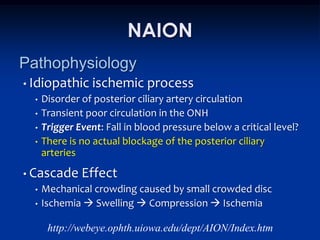 NAION
Pathophysiology
• Idiopathic      ischemic process
  •   Disorder of posterior ciliary artery circulation
  •   Transient poor circulation in the ONH
  •   Trigger Event: Fall in blood pressure below a critical level?
  •   There is no actual blockage of the posterior ciliary
      arteries
• Cascade      Effect
  •   Mechanical crowding caused by small crowded disc
  •   Ischemia  Swelling  Compression  Ischemia

       http://webeye.ophth.uiowa.edu/dept/AION/Index.htm
 
