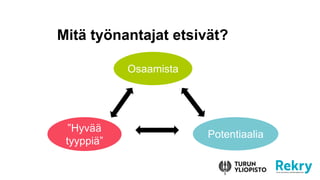 Mitä työnantajat etsivät?
Osaamista
”Hyvää
tyyppiä”
Potentiaalia
 
