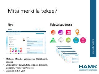 Mitä merkillä tekee?
Nyt Tulevaisuudessa
• Mahara, Moodle, Wordpress, BlackBoard,
Canvas
• Ulkopuoliset palvelut: Facebook, LinkedIn,
Google+, Twitter ja Pinterest
• Linkkinä mihin vain
 