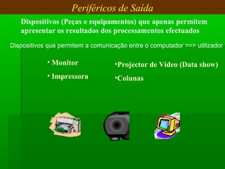 Periféricos de Saída
Dispositivos (Peças e equipamentos) que apenas permitem
apresentar os resultados dos processamentos efectuados
• Monitor
• Impressora
•Projector de Vídeo (Data show)
•Colunas
Dispositivos que permitem a comunicação entre o computador ==> utilizador
 