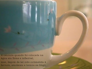 A cenoura quando foi colocada na água era firme e inflexível, mas, depois de ter sido submetida à fervura, amoleceu e tornou-se frágil. 