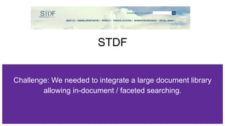 STDF
Challenge: We needed to integrate a large document library
allowing in-document / faceted searching.
 