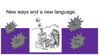 New ways and a new language.
Git
repos
Tar
ball
Chaos
suite
Blocks
vs
Panels
 