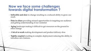 • Inflexible and slow to change resulting in a reduced ability to grow our
reach.
• Data in siloes providing missed opportunities in targeting our audience
and getting understanding of our customer
• Aging landscape making it difficult to get resources on the ground to
effect change
• A lot of re-work making development and product delivery slow
• Tightly coupled resulting in complex deployment reducing the ability to
introduce new features.
Now we face some challenges
towards digital transformation ?
 