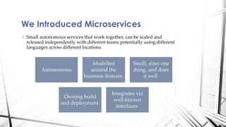 • Small autonomous services that work together, can be scaled and
released independently with different teams potentially using different
languages across different locations.
We Introduced Microservices
Autonomous
Modelled
around the
business domain
Small, does one
thing, and does
it well
Owning build
and deployment
Integrates via
well-known
interfaces
 