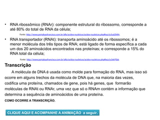BIOLOGIA, 1º Ano (Ensino Médio)
Os ácidos nucléicos e o código genético
• RNA ribossômico (RNAr): componente estrutural do ribossomo, corresponde a
até 80% do total de RNA da célula;
Fonte: http://www.portalsaofrancisco.com.br/alfa/acidos-nucleicos/acidos-nucleicos.php#ixzz1y3ud2hRA.
• RNA transportador (RNAt): transporta aminoácido até os ribossomos; é a
menor molécula dos três tipos de RNA; está ligado de forma específica a cada
um dos 20 aminoácidos encontrados nas proteínas; e corresponde a 15% do
RNA total da célula;
Fonte: http://www.portalsaofrancisco.com.br/alfa/acidos-nucleicos/acidos-nucleicos.php#ixzz1y3xk9Tpb
Transcrição
A molécula de DNA é usada como molde para formação do RNA, mas isso só
ocorre em alguns trechos da molécula de DNA que, na maioria das vezes,
codifica uma proteína, chamados de gene, pois há genes, que formarão
moléculas de RNAt ou RNAr, uma vez que só o RNAm contém a informação que
determina a sequência de aminoácidos de uma proteína.
COMO OCORRE A TRANSCRIÇÃO.
CLIQUE AQUI E ACOMPANHE A ANIMAÇÃO a seguir.
 