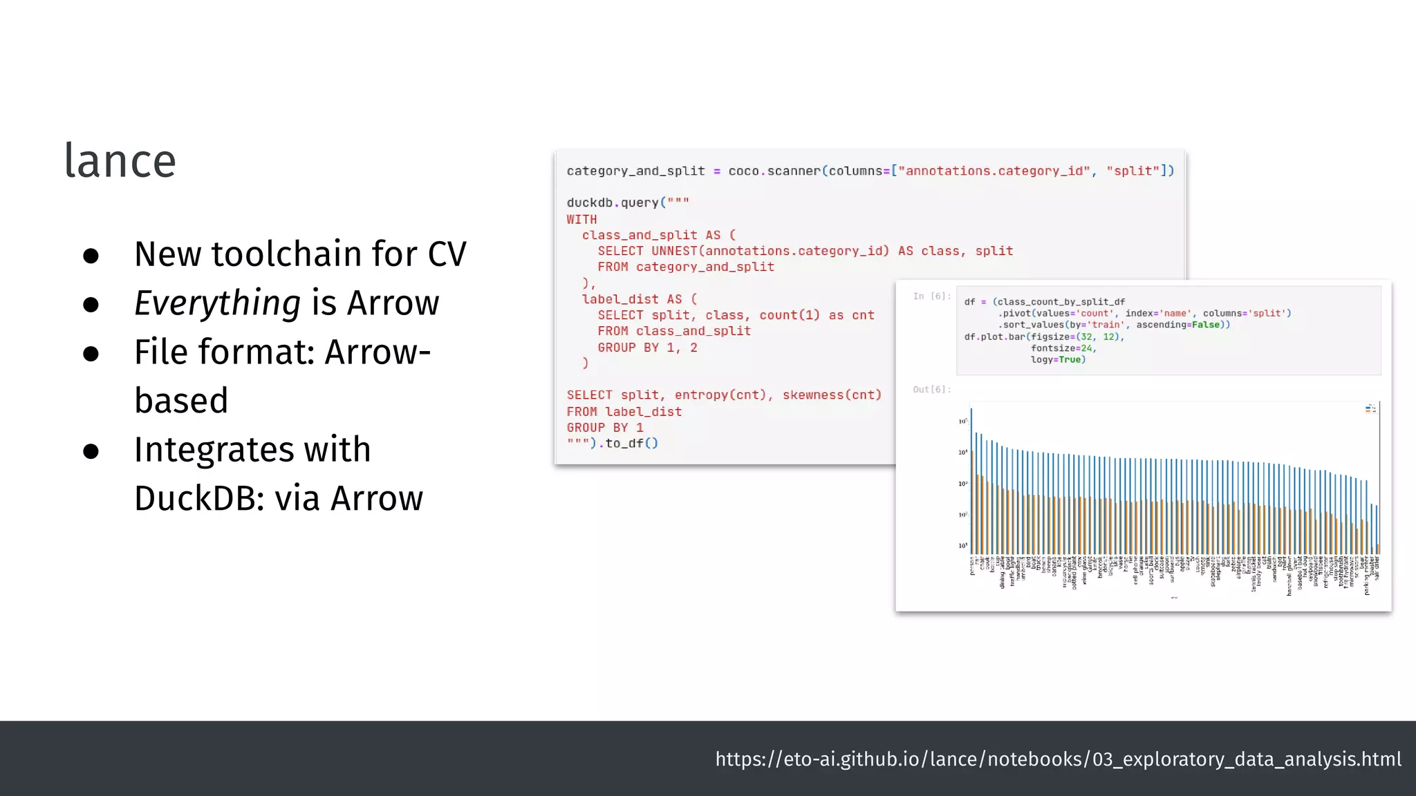 lance
● New toolchain for CV
● Everything is Arrow
● File format: Arrow-
based
● Integrates with
DuckDB: via Arrow
https://eto-ai.github.io/lance/notebooks/03_exploratory_data_analysis.html
 