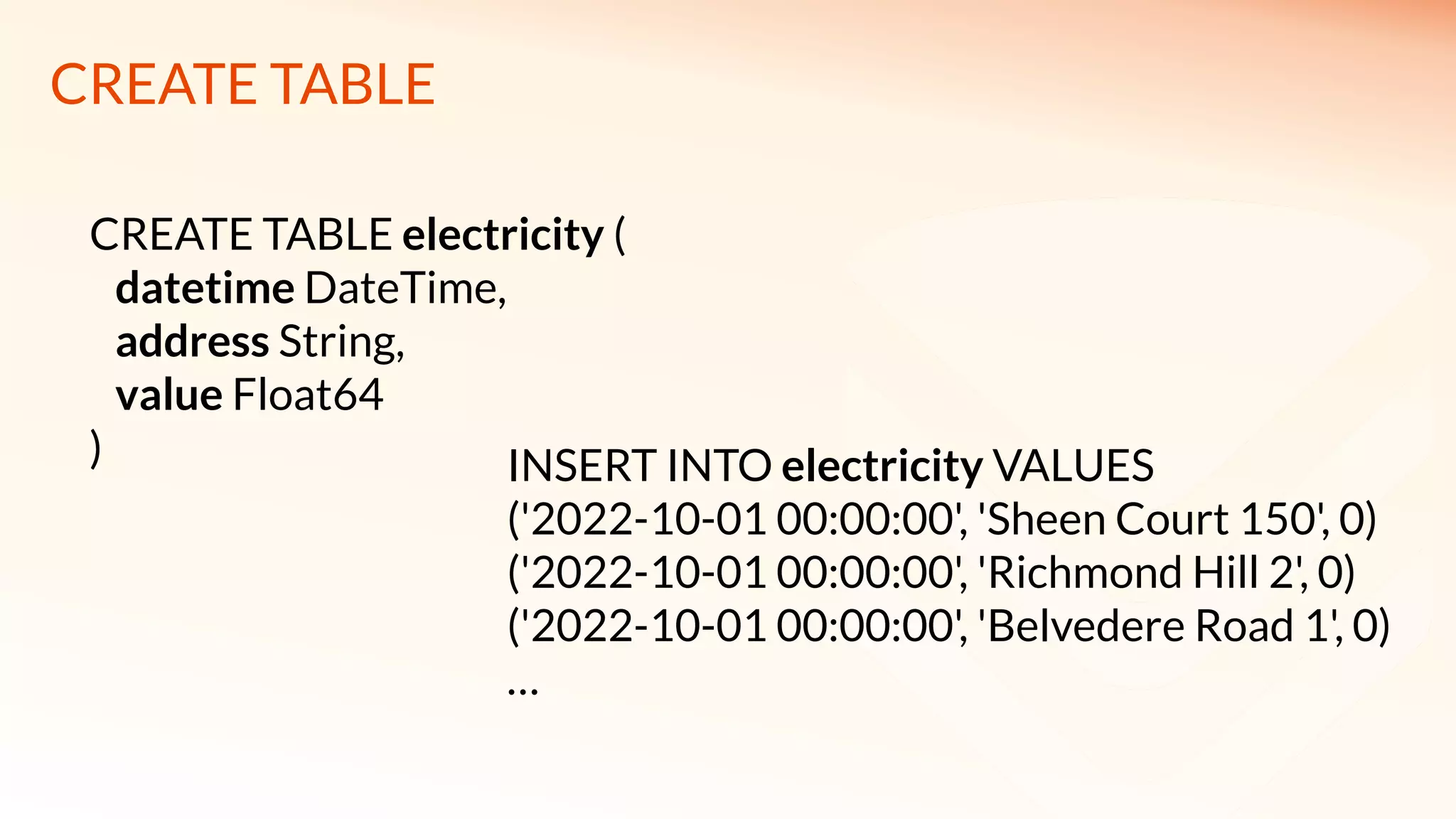 CREATE TABLE
CREATE TABLE electricity (
datetime DateTime,
address String,
value Float64
) INSERT INTO electricity VALUES
('2022-10-01 00:00:00', 'Sheen Court 150', 0)
('2022-10-01 00:00:00', 'Richmond Hill 2', 0)
('2022-10-01 00:00:00', 'Belvedere Road 1', 0)
…
 