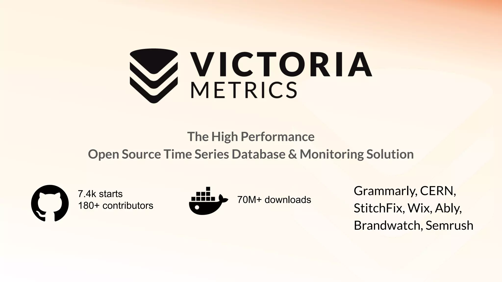 The High Performance
Open Source Time Series Database & Monitoring Solution
70M+ downloads
7.4k starts
180+ contributors
Grammarly, CERN,
StitchFix, Wix, Ably,
Brandwatch, Semrush
 