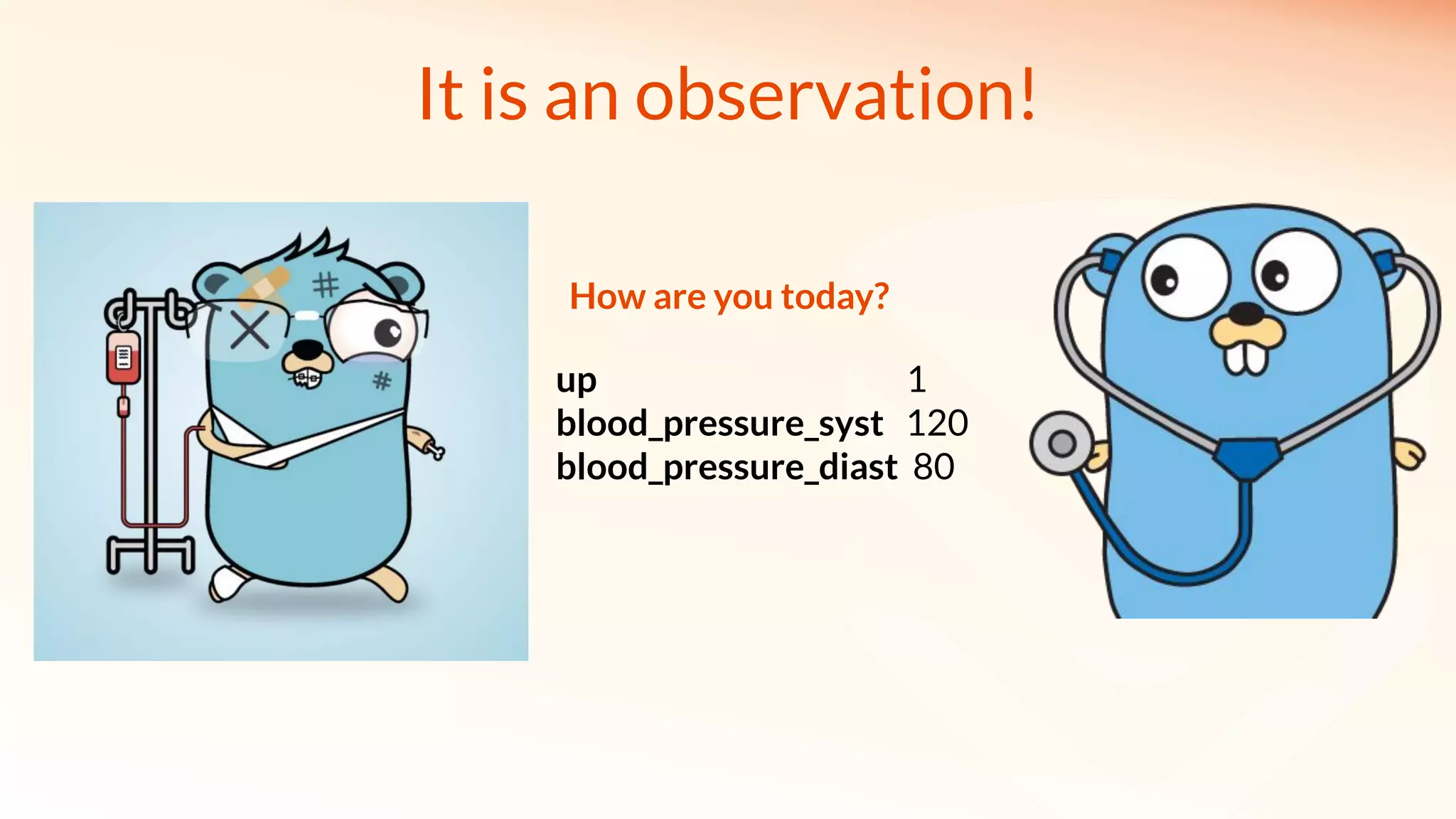 It is an observation!
up 1
blood_pressure_syst 120
blood_pressure_diast 80
How are you today?
 
