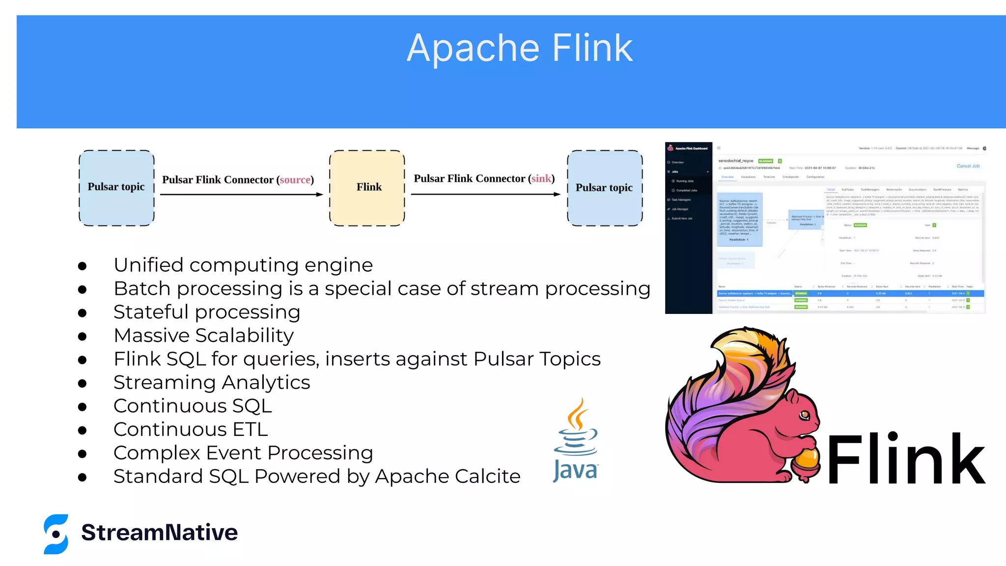 ● Uniﬁed computing engine
● Batch processing is a special case of stream processing
● Stateful processing
● Massive Scalability
● Flink SQL for queries, inserts against Pulsar Topics
● Streaming Analytics
● Continuous SQL
● Continuous ETL
● Complex Event Processing
● Standard SQL Powered by Apache Calcite
Apache Flink
 