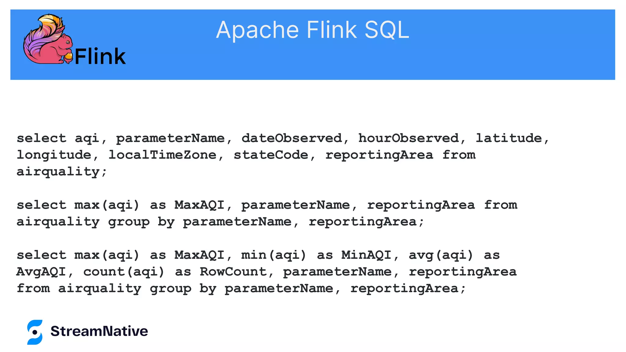 Apache Flink SQL
select aqi, parameterName, dateObserved, hourObserved, latitude,
longitude, localTimeZone, stateCode, reportingArea from
airquality;
select max(aqi) as MaxAQI, parameterName, reportingArea from
airquality group by parameterName, reportingArea;
select max(aqi) as MaxAQI, min(aqi) as MinAQI, avg(aqi) as
AvgAQI, count(aqi) as RowCount, parameterName, reportingArea
from airquality group by parameterName, reportingArea;
 