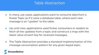 ● In many use cases, applications want to consume data from a
Pulsar Topic as if it were a database table, where each new
message is an “update” to the table.
● Up until now, applications used Pulsar consumers or readers to
fetch all the updates from a topic and construct a map with the
latest value of each key for received messages.
● The Table Abstraction provides a standard implementation of this
message consumption pattern for any given keyed topic.
Table Abstraction
 