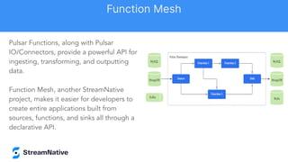 Pulsar Functions, along with Pulsar
IO/Connectors, provide a powerful API for
ingesting, transforming, and outputting
data.
Function Mesh, another StreamNative
project, makes it easier for developers to
create entire applications built from
sources, functions, and sinks all through a
declarative API.
Function Mesh
 