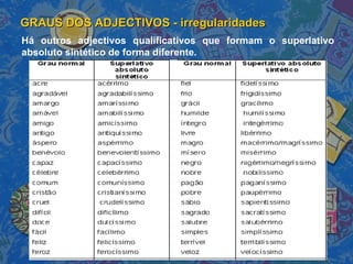 GRAUS DOS ADJECTIVOS - irregularidades  Há outros adjectivos qualificativos que formam o superlativo absoluto sintético de forma diferente. 
