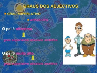 GRAUS DOS ADJECTIVOS GRAU SUPERLATIVO O pai é  muito alto . O pai é  altíssimo . grau superlativo absoluto sintético ABSOLUTO grau superlativo absoluto analítico 