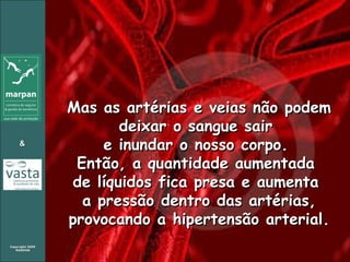 Mas as artérias e veias não podem deixar o sangue sair  e inundar o nosso corpo.  Então, a quantidade aumentada  de líquidos fica presa e aumenta  a pressão dentro das artérias, provocando a hipertensão arterial. 