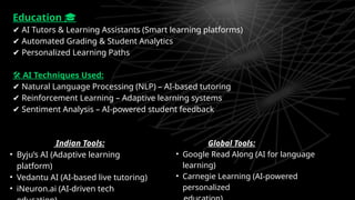Education 🎓
✔ AI Tutors & Learning Assistants (Smart learning platforms)
✔ Automated Grading & Student Analytics
✔ Personalized Learning Paths
🛠 AI Techniques Used:
✔ Natural Language Processing (NLP) – AI-based tutoring
✔ Reinforcement Learning – Adaptive learning systems
✔ Sentiment Analysis – AI-powered student feedback
Indian Tools:
• Byju’s AI (Adaptive learning
platform)
• Vedantu AI (AI-based live tutoring)
• iNeuron.ai (AI-driven tech
Global Tools:
• Google Read Along (AI for language
learning)
• Carnegie Learning (AI-powered
personalized
 