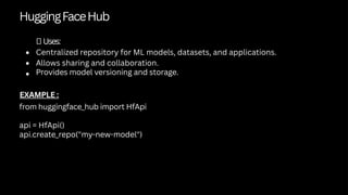 HuggingFaceHub
✅Uses:
Centralized repository for ML models, datasets, and applications.
Allows sharing and collaboration.
Provides model versioning and storage.
from huggingface_hub import HfApi
api = HfApi()
api.create_repo("my-new-model")
EXAMPLE :
 