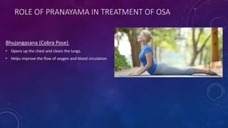 ROLE OF PRANAYAMA IN TREATMENT OF OSA
Bhujangasana (Cobra Pose)
• Opens up the chest and clears the lungs.
• Helps improve the flow of oxygen and blood circulation
 