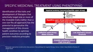SPECIFIC MEDICINAL TREATMENT USING PHENOTYPING
Identification of the traits and
development of therapies that
selectively target one or more of
the treatable traits (rather than a
one-size-fits-all approach) has the
potential to personalize the
management of this chronic
health condition to optimize
patient outcomes according to
precision medicine principles
Phenotypic approaches to obstructive sleep apnoea e New pathways for targeted therapy; Danny J. Eckert; Sleep Medicine Reviews 37
(2018) 45e59
 