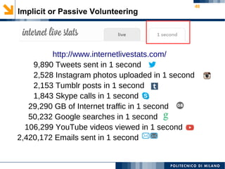 48
Implicit or Passive Volunteering
http://www.internetlivestats.com/
9,890 Tweets sent in 1 second
2,528 Instagram photos uploaded in 1 second
2,153 Tumblr posts in 1 second
1,843 Skype calls in 1 second
29,290 GB of Internet traffic in 1 second
50,232 Google searches in 1 second
106,299 YouTube videos viewed in 1 second
2,420,172 Emails sent in 1 second
 