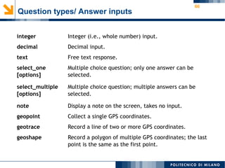 66
Question types/ Answer inputs
integer Integer (i.e., whole number) input.
decimal Decimal input.
text Free text response.
select_one
[options]
Multiple choice question; only one answer can be
selected.
select_multiple
[options]
Multiple choice question; multiple answers can be
selected.
note Display a note on the screen, takes no input.
geopoint Collect a single GPS coordinates.
geotrace Record a line of two or more GPS coordinates.
geoshape Record a polygon of multiple GPS coordinates; the last
point is the same as the first point.
 