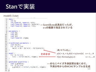 Stanǌgװ
13
() ǥʽ5-3
? ? = ?1 + ?2 ? ? + ?3 ????? ? ? = 1,  ?
? ? ~?????? ?[?], ? ? = 1,  , ?
Τޤ
model5-3.stan
Score200㜺ä
0-1ιָƤ
Τ˥٥yg褯Τǡ
yֲMCMCץ
 