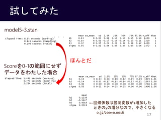 ԇƤߤ
17
model5-3.stan
Score0-1ιˤ
ǩ`錄
؎Sh1Ӥ
ȤyΉ֤ʤΤǡСʤ
0.32/200=0.0016
ۤȤ
 