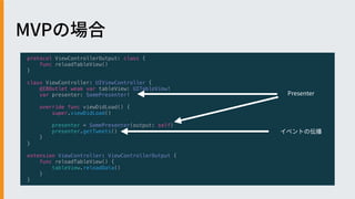 protocol ViewControllerOutput: class {
func reloadTableView()
}
class ViewController: UIViewController {
@IBOutlet weak var tableView: UITableView!
var presenter: SomePresenter!
override func viewDidLoad() {
super.viewDidLoad()
presenter = SomePresenter(output: self)
presenter.getTweets()
}
}
extension ViewController: ViewControllerOutput {
func reloadTableView() {
tableView.reloadData()
}
}
 