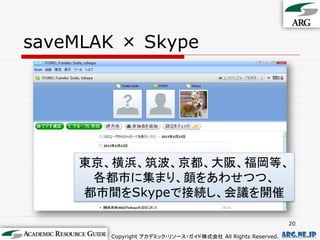 saveMLAK × Skype




     東京、横浜、筑波、京都、大阪、福岡等、
      各都市に集まり、顔をあわせつつ、
     都市間をSkypeで接続し、会議を開催

                                                              20

        Copyright アカデミック・リソース・ガイド株式会社 All Rights Reserved.   arg.ne.jp
 