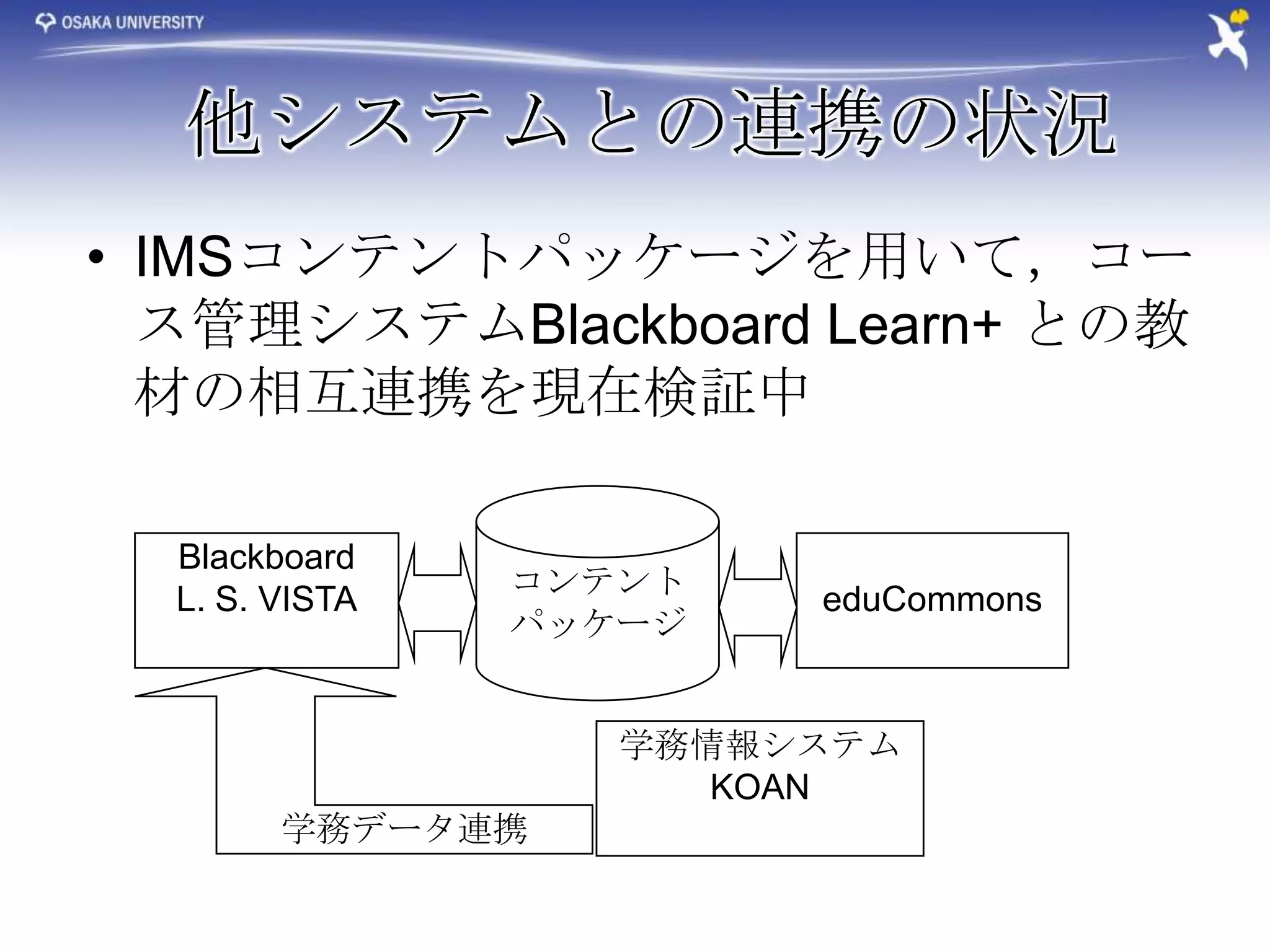 他システムとの連携の状況
• IMSコンテントパッケージを用いて，コー
  ス管理システムBlackboard Learn+ との教
  材の相互連携を現在検証中

  Blackboard
  L. S. VISTA   コンテント   eduCommons
                パッケージ


                   学務情報システム
                      KOAN
        学務データ連携
 