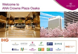 Welcome to
ANA Crowne Plaza Osaka
473 guest rooms (7th – 23rd floor)
Regular floor: 7th – 18th floor
Club floor: 19th – 21st floor
Premium Club floor: 22nd – 23rd floor
15 meeting rooms and ball rooms
10 restaurants and bars
 