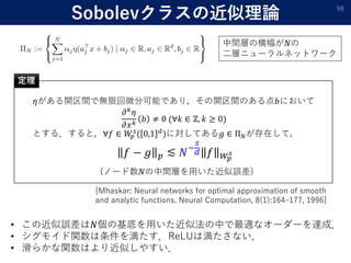 Sobolevクラスの近似理論 98
𝜂がある開区間で無限回微分可能であり，その開区間のある点𝑏において
𝜕 𝑘
𝜂
𝜕𝑥 𝑘
𝑏 ≠ 0 (∀𝑘 ∈ ℤ, 𝑘 ≥ 0)
とする．すると，∀𝑓 ∈ 𝑊𝑝
𝑠
( 0,1 𝑑
)に対してある𝑔 ∈...