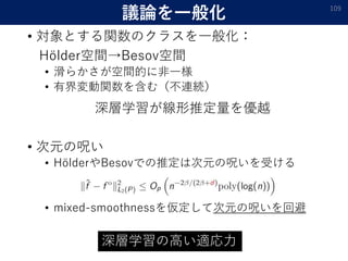 議論を一般化
• 対象とする関数のクラスを一般化：
Hölder空間→Besov空間
• 滑らかさが空間的に非一様
• 有界変動関数を含む（不連続）
深層学習が線形推定量を優越
• 次元の呪い
• HölderやBesovでの推定は次元の呪いを受ける
• mixed-smoothnessを仮定して次元の呪いを回避
109
深層学習の高い適応力
 