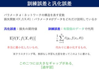 13
パラメータ ：ネットワークの構造を表す変数
損失関数 ：パラメータ がデータをどれだけ説明しているか
汎化誤差：損失の期待値 訓練誤差：有限個のデータで代用
この二つには大きなギャップがある．
[過学習]
本当に最小化したいもの． 代わりに最小化するもの．
訓練誤差と汎化誤差
※クラスタリング等，教師なし学習も尤度を使ってこのように書ける．
 
