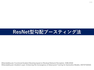 ResNet型勾配ブースティング法
149
[Nitanda&Suzuki: Functional Gradient Boosting based on Residual Network Perception. ICML2018]
[Nitanda&Suzuki: Gradient Layer: Enhancing the Convergence of Adversarial Training for Generative Models. AISTATS2018]
 