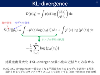KL-divergence 15
真の分布 モデルの分布
サンプル平均で代用
対数尤度最大化はKL-divergence最小化の近似ともみなせる
※AICはKL-divergenceが一番小さくなる予測分布を与えるモデルを選択する規準．
選択されるモデルはサンプルサイズによって変わりうる (bias-variance tradeoff)
 