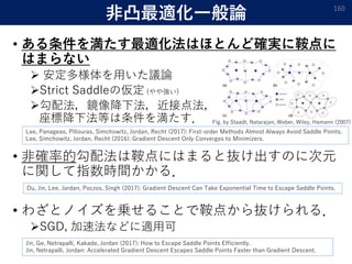 非凸最適化一般論
• ある条件を満たす最適化法はほとんど確実に鞍点に
はまらない
 安定多様体を用いた議論
Strict Saddleの仮定 (やや強い)
勾配法，鏡像降下法，近接点法，
座標降下法等は条件を満たす．
• 非確率的勾配法は鞍点にはまると抜け出すのに次元
に関して指数時間かかる．
• わざとノイズを乗せることで鞍点から抜けられる．
SGD, 加速法などに適用可
160
Lee, Panageas, Piliouras, Simchowitz, Jordan, Recht (2017): First-order Methods Almost Always Avoid Saddle Points.
Lee, Simchowitz, Jordan, Recht (2016): Gradient Descent Only Converges to Minimizers.
Du, Jin, Lee, Jordan, Poczos, Singh (2017): Gradient Descent Can Take Exponential Time to Escape Saddle Points.
Jin, Ge, Netrapalli, Kakade, Jordan (2017): How to Escape Saddle Points Efficiently.
Jin, Netrapalli, Jordan: Accelerated Gradient Descent Escapes Saddle Points Faster than Gradient Descent.
Fig. by Staadt, Natarajan, Weber, Wiley, Hamann (2007)
 