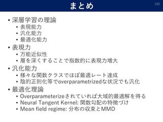 まとめ
• 深層学習の理論
• 表現能力
• 汎化能力
• 最適化能力
• 表現力
• 万能近似性
• 層を深くすることで指数的に表現力増大
• 汎化能力
• 様々な関数クラスでほぼ最適レート達成
• 陰的正則化等でoverparametrizedな状況でも汎化
• 最適化理論
• Overparameterizeされていれば大域的最適解を得る
• Neural Tangent Kernel: 関数勾配の特徴づけ
• Mean field regime: 分布の収束とMMD
180
 