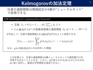• 定数
• 𝐼 = [0,1]から𝐼への狭義単調増大連続関数
Kolmogorovの加法定理
任意の連続関数は横幅固定の4層の“ニューラルネット”
で表現できる．
29
が存在して，任意の連続関数𝑓 ∈ 𝐶( 0,1 𝑑
)が次のように表現できる:
なお，𝑔 ∈ 𝐶( 0,1 )は𝑓にのみ依存した関数．
定理 (Kolmogorov’s superposition theorem)
この定理より，任意の連続関数は4層ニューラルネットの最終層だけを
学習すればよいことになる．しかし，gの滑らかさは および入力の次元
に強く依存し，最適な学習精度は達成できない．
 