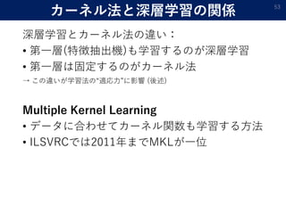 カーネル法と深層学習の関係
深層学習とカーネル法の違い：
• 第一層(特徴抽出機)も学習するのが深層学習
• 第一層は固定するのがカーネル法
→ この違いが学習法の“適応力”に影響 (後述)
Multiple Kernel Learning
• データに合わせてカーネル関数も学習する方法
• ILSVRCでは2011年までMKLが一位
53
 