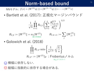 Norm-based bound
• Golowich et al. (2018)
78
NNモデル:
横幅に依存しない.
: Frobeniusノルム
縦幅に指数的に依存する場合がある.☹
☺
• Bartlett et al. (2017): 正規化マージンバウンド
(最大特異値)
(𝑅ℓ,2より大きい)
 