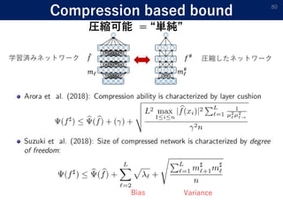 Compression based bound 80
学習済みネットワーク 圧縮したネットワーク
Good for
Bias Variance
圧縮可能 = “単純”
𝑚ℓ 𝑚ℓ
#
 