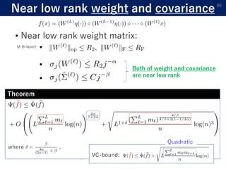 Near low rank weight and covariance 90
• Near low rank weight matrix:
•
• Both of weight and covariance
are near low rank
Theorem
•
where .
VC-bound:
Quadratic
(ℓ-th layer)
 